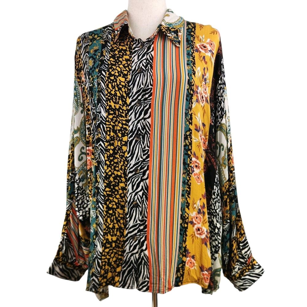 Womens Button Tunic Blouse Large Maximalist Artsy Oversized Colorful Patchwork‎